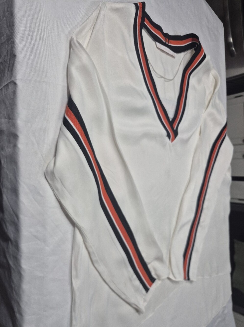 Zara Cream V-Neck Sweater with Navy and Red Stripe Trim